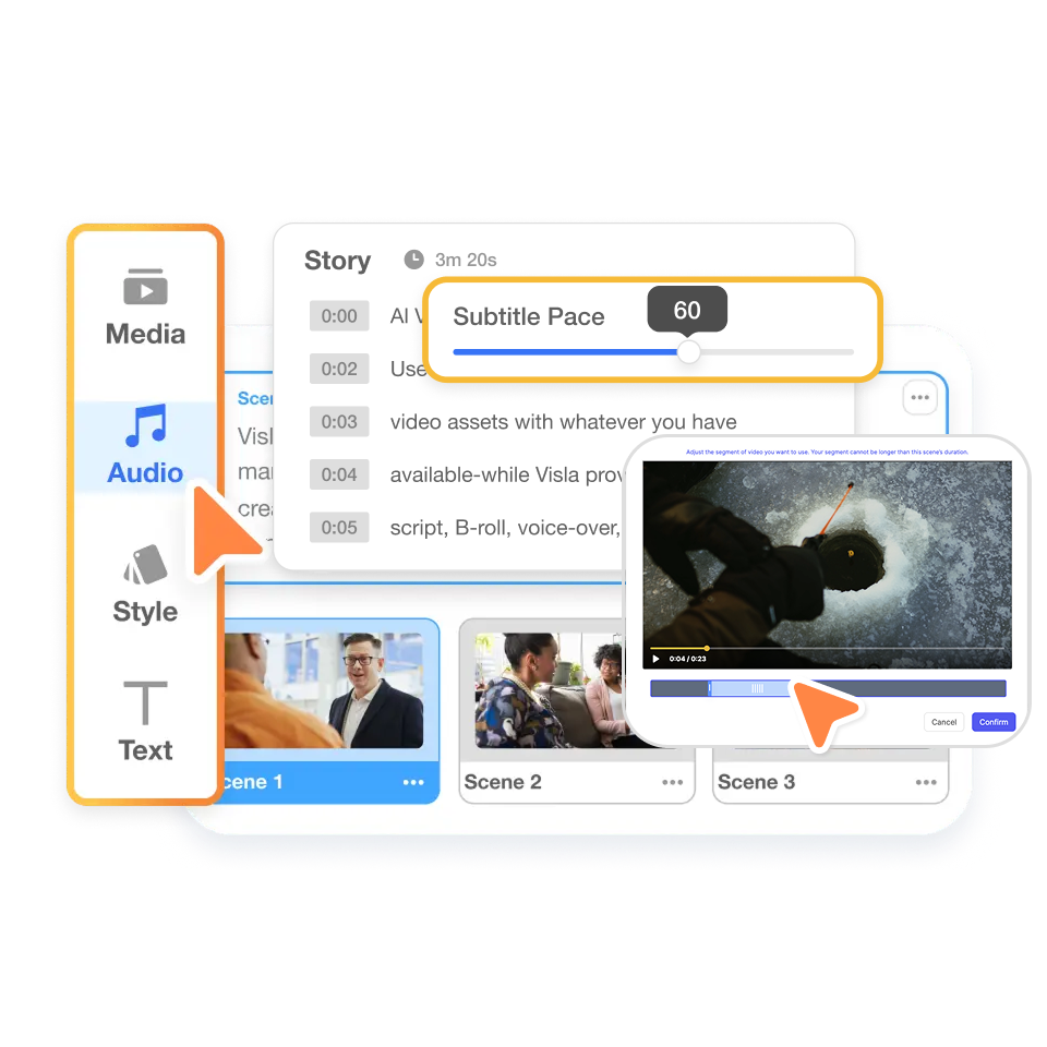 Refine campaign visuals and narration scene by scene with Visla’s health education campaign video creator editor.